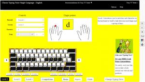 Screenshot of Level 1 of Classic Typing Tutor showing a pair of hands with a keyboard character in the middle of them. The fingernail of the relevant finger for that key is coloured red.