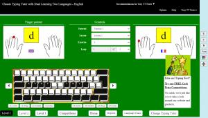 Screenshot of Level 1 of Dual Learning Tutor showing two boxes at the top of the screen. Each has a pair of hands with a keyboard character in the middle of them, one box has the UK flag and the other box the French flag representing the language which is