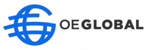 A logo with a brand device that mimics a globe in the form of G and OE Global written out