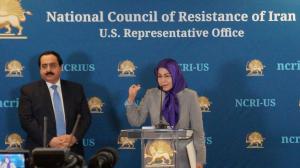 Ms. Soona Samsami, the U.S. Representative of the NCRI, discussing Iran uprising and the prospects for the overthrow of the regime during a press briefing at the Washington office of the NCRI on Oct 19, 2022. Alireza Jafarzadeh is standing next to her.