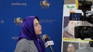 Ms. Soona Samsami, the U.S. Representative of the NCRI, being interviewed by media at a briefing on Oct 19, 2022 at NCRI office in Washington, discussing Iran uprising and prospects for changing the regime. Dozens of reporters attended the conference.