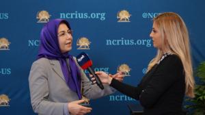 Ms. Soona Samsami, the U.S. Representative of the NCRI, being interviewed by media at a briefing on Oct 19, 2022 at NCRI office in Washington, discussing Iran uprising and prospects for changing the regime. Dozens of reporters attended the conference.