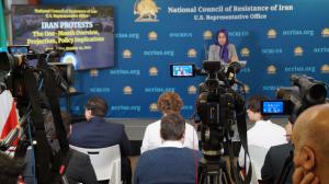 Ms. Soona Samsami, the U.S. Representative of the NCRI, discussing Iran uprising and the prospects for the overthrow of the regime during a press briefing at the Washington office of the NCRI on Oct 19, 2022. Dozens of reporters attended the conference.