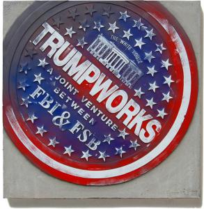 Losett Squared Art Collective sculptural relief panel Stars & Stripes. Artists commentary on Comley and Putin impact on election results