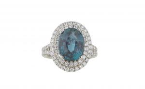 Exceedingly rare lady’s platinum dinner ring with a 7.96-carat Indian oval alexandrite surrounded by a double concentric border of tiny round diamonds (est. $100,000-$200,000).