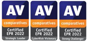 Drei Logos der EPR-Produktzertifizierungen von AV-Comparatives für 2022. Strategic Leader, CyberRisk Visionary und Strong Challenger.