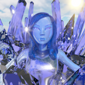 A futuristic woman in metallic shades of blue and purple.