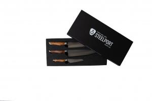 The STEELPORT three piece Gift Set features STEELPORT 4” Paring Knife,  STEELPORT 8” Chef Knife, and STEELPORT 10” Bread Knife