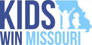 Logo says Kids Win Missouri with image of children with their hands up overlaying Missouri image