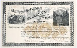 Rare stock certificate for the Upper San Miguel Gold & Silver Mining Company (with offices in Colorado and Michigan), certificate #389 issued for 500 shares to Henry Gerbs in 1881 ($1,220).