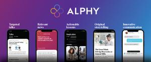 A purple to blue gradient background with the Alphy logo and five screens from the Alphy app along with the text "Targeted talks, Relevant news, Actionable lessons, Original storytelling, Innovative communication"