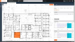 This screenshot is of Inertia's Intelligent Construction Drawings demonstrating an instant visual representation of the status on a project including all related workflows by building element.