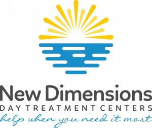 Icon depicting a sunrise over water with the words "New Dimensions Day Treatment Centers, Help when you need it most"