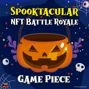 A Game Piece NFT from metapep labs Spooktacular NFT Battle Royale featuring a Halloween themed design with a pumpkin Trick or Treat basket and spiderwebs.