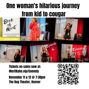 Photos from one woman comedy show with QR code for tickets