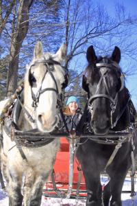 A sleigh driver waiting happily for people to board a sleigh at Cornerstone Ranch