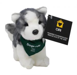 A plush husky stuffed animal with a Dogs Rule bandanna