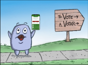 Cartoon character Brittany, in front of Vote sign pointing to polling place, holding up smart phone displaying Actual Vote app.