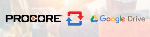 Procore logo on left, SyncEzy arrows in circle logo icon in center, and Google logo on right showing how SyncEzy brings the two platforms together.
