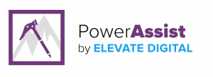 Logo for Elevate Digital's Power Assist tool. To the left, a purple box with a grayed-out mountain and purple hiking pick inside it. To the right, the words Power Assist by Elevate Digital.