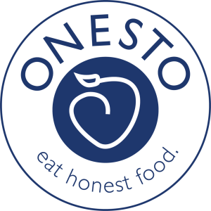 Onesto's logo is a blue heart with a leaf growing out of it.