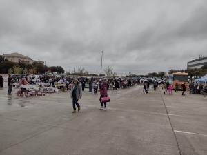 Hundreds of pet owners wait in line in a mall parking lot in order to recieve free and discounted services.