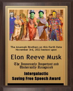 Musk is with two Alien Lizards at the School of Truth through Humor
