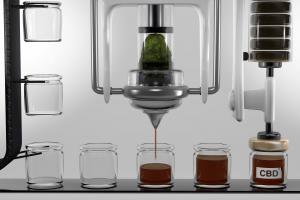 Fresh cannabis is suspended in a glass capsule being cold pressed through a metallic nozzle. The machinery looks clinical with the pressing process moving from small beakers coming in from the left of the image, moving under the nozzle to be filled with a