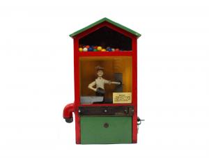“The ‘Sanitary’ Chewing Gum Machine” (Lot #107) by Manikin Vendor Co. (Portland, Oregon, 1929), clockwork mechanized boy scoops penny gumballs.