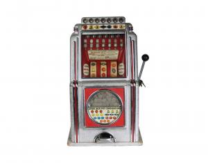 “Multi-Bell “Seven Way” Slot Machine” (Lot#130) by Caille A C Novelty, circa 1936, seven ways to win. The label states, “Select one or more numbers. Automatic odds 2 to 20 paid.”