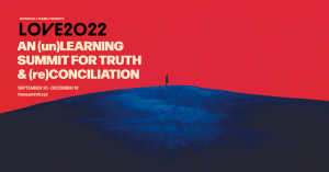 A poster image of one person contemplating on top of a blue mountain; red-orange sky; text that says "LOVE 2022: An (un)Learning Summit for Truth and (re)Conciliation.
