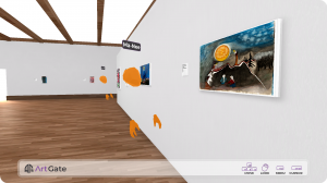 This is an image of orange avatars inside a virtual gallery, looking at artwork. The closest piece is two geese surrounding two women.