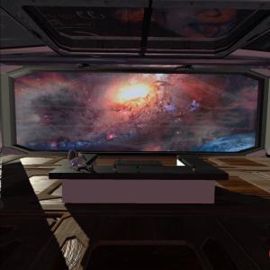 A view from the beer deck of Offworld Brewery by 7 Bridges depicting an alien world below with an intense view of a distant galaxy in the background