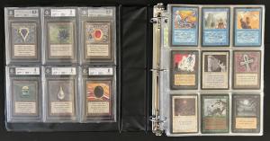 Complete Magic: The Gathering “Beta” card set from 1993, just the second set for “MTG” with a print run of only 3,200 rare cards, with six cards graded by Beckett ($120,000).