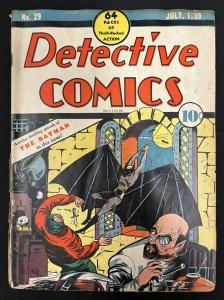 Rare copy of Detective Comics #29 from 1939, with just the second-ever Batman cover and an appearance by Dr. Death in the first of a two-part story, cover art by Bob Kane ($46,800).