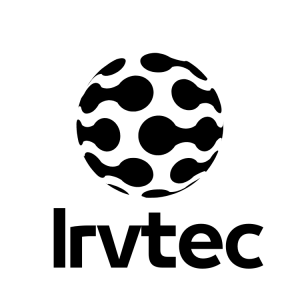 Irvtec logo, a black patterned sphere with black irvtec text underneath on white background