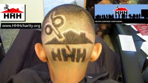 Haircuts for the Helpless and Homeless Charity's Logo cut into a Hair Art Design Haircut