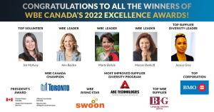 Congratulations to all the winners of WBE Canada's 2022 Excellence Awards: Jen McAvoy of Cotton Candy Inc. (Top Volunteer), Ann Baiden of Innovatex Solutions (WBE Leader), Marte Belisle of SommEvents (WBE Leader), Maryse Benhoff of BG Communications Inter