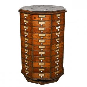 The most historically significant item in the sale is an eight-sided revolving hardware cabinet made from oak with 88 drawers and porcelain drawer pulls, with ties to General G. A. Custer.