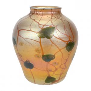 Louis C. Tiffany art glass vase, 4 inches tall, beautifully decorated in gold iridescence with millefiori heart and vine décor.