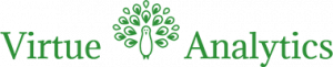 Logo for Virtue Analytics. Green lettering and green peacock image.