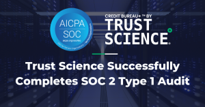 SOC 2 logo and Trust Science logo on dark server background. Text on image reads: Trust Science Successfully Completes SOC 2 Type 1 Audit