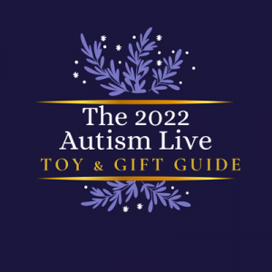 Blue background with festive leaf branches above and below text that reads  The 2022 Autism Live Toy and Gift Guide