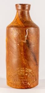 Brown stoneware bottle, 7 inches, embossed, “Vitreous Stone Bottles / Warrented Not to Absorb / J. Bourne & Son / Patentees / Denby & Condor Park Pottery / Near Derby” (MB: $100).