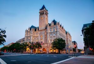 Old Post Office Tower, home of the Bells of Congress, at dusk.