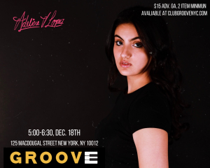Photo of Adeline, surrounded by text details of Groove performance date, time, price