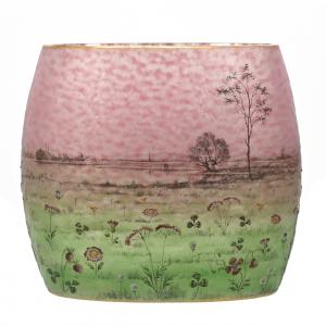 Signed Daum Nancy French cameo art glass pillow vase, 5 inches tall, having pink and green mottled ground with excellent cameo carved relief of a wild floral scene ($21,850).