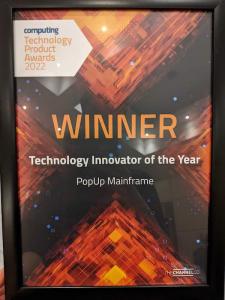 Certificate with text: Winner, Technology Innovator of the Year, PopUp Mainframe