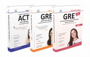 3D Front covers of Winning Strategies for ACT Essay Writing: With 15 Sample Prompts, GRE Analytical Writing: Solutions to the Real Essay Topics - Book 1, GRE Text Completion & Sentence Equivalence Practice Questions>