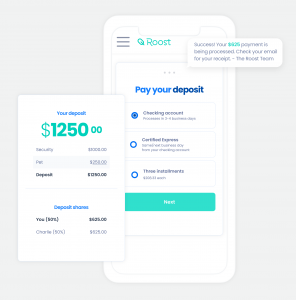 Phone screen of security deposit amount owed, payment options and a status notification.